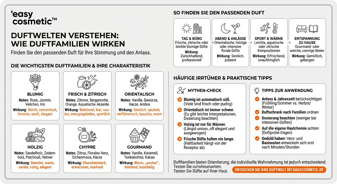 Welche Duftfamilien (z.B. blumig, orientalisch, holzig) gibt es und wie unterscheiden sie sich in ihrer Wirkung?