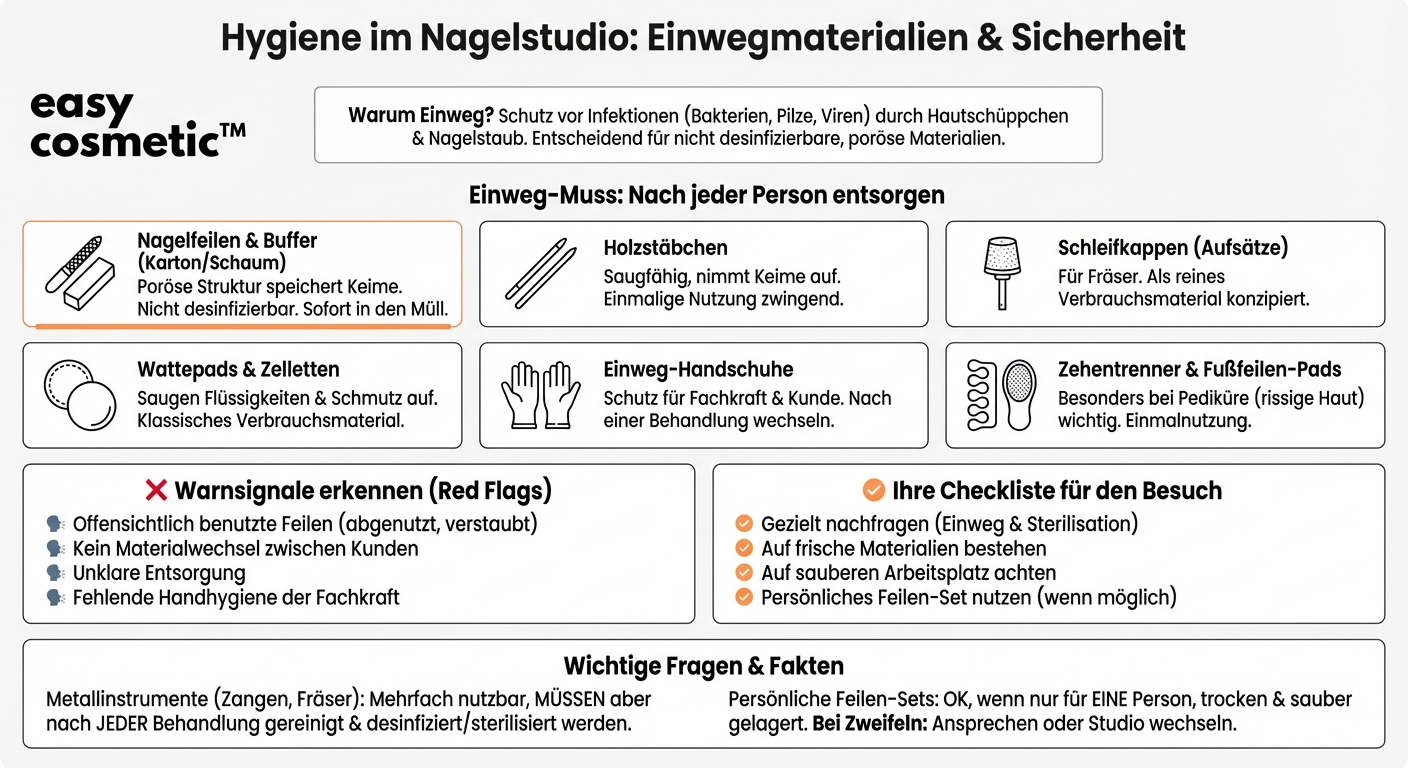 Welche Einwegmaterialien sollten im Nagelstudio aus hygienischen Gründen nur einmal verwendet werden?