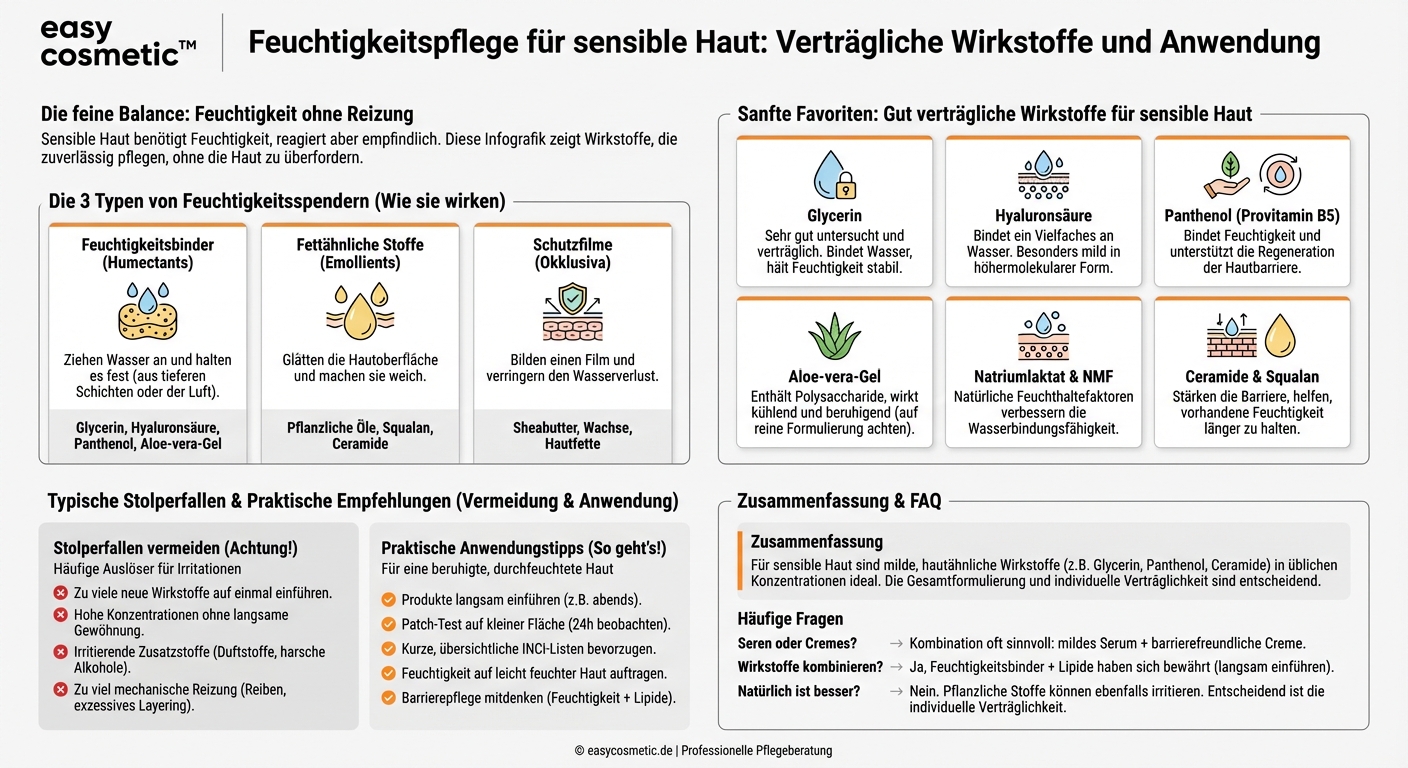 Welche feuchtigkeitsspendenden Inhaltsstoffe (z. B. Hyaluron, Glycerin) werden in der Regel auch bei sensibler Haut gut vertragen?