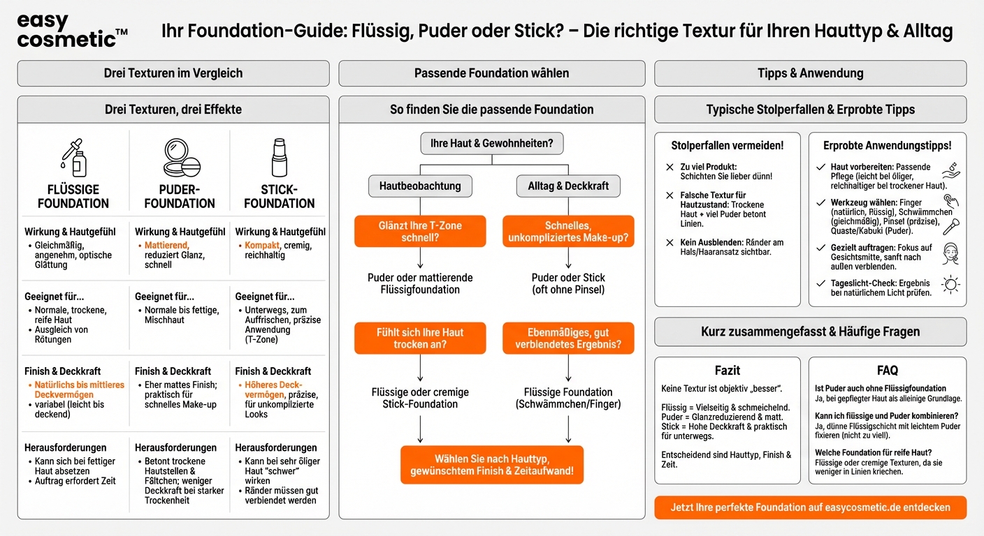 Welche Foundation ist besser: flüssig, Puder oder Stick?