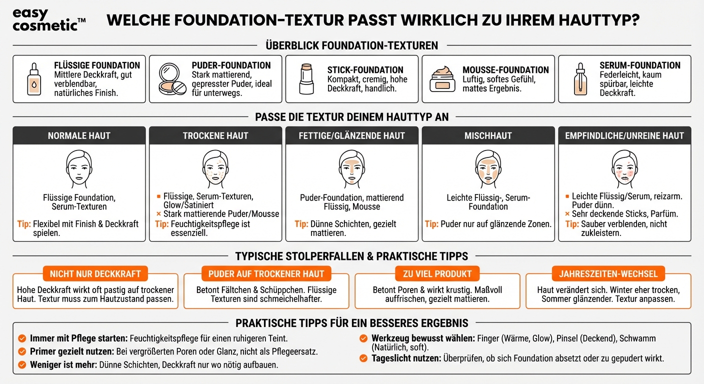 Welche Foundation-Textur (flüssig, Puder, Stick, Mousse, Serum) passt am besten zu meinem Hauttyp?