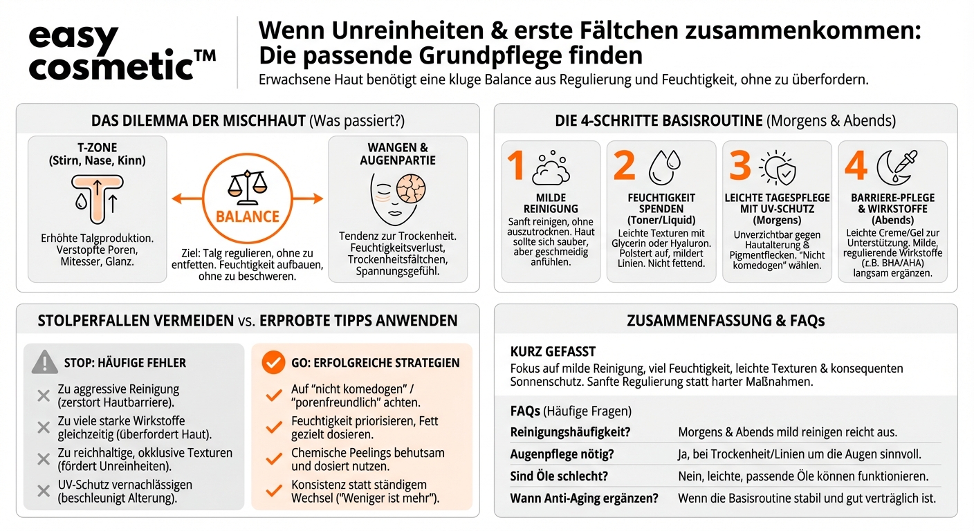 Welche Grundpflege ist für zu Unreinheiten neigende Erwachsenenhaut geeignet, die gleichzeitig erste Fältchen zeigt?