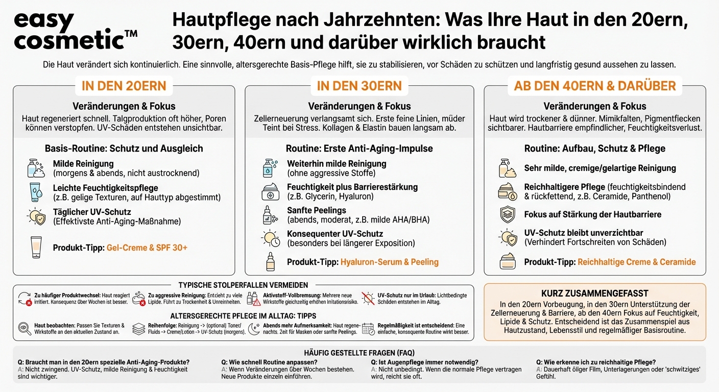 Welche Hautpflege-Grundlagen sollte man je nach Alter beachten (20er, 30er, 40er und darüber)?