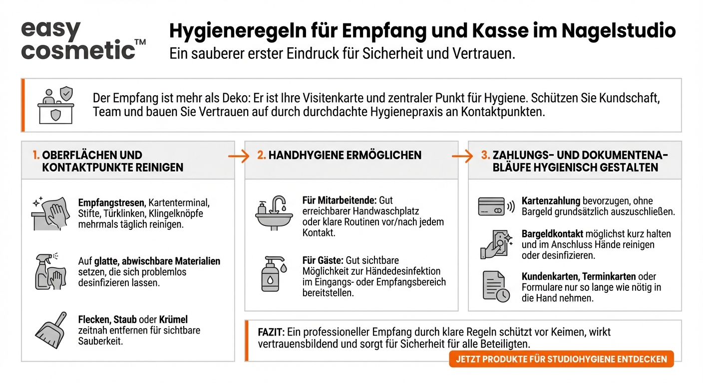 Welche Hygienemaßnahmen gelten für den Empfangs- und Kassenbereich im Nagelstudio?