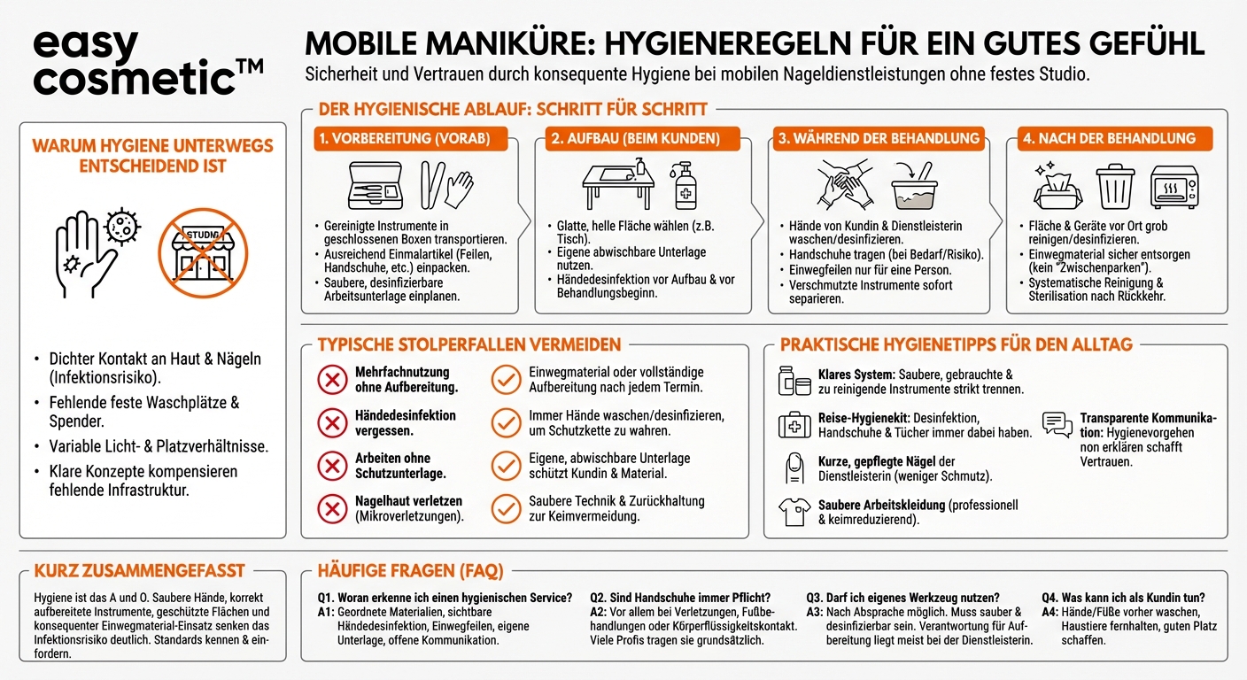 Welche Hygienemaßnahmen sollten bei mobilen Nageldienstleistungen (Hausbesuche) beachtet werden?