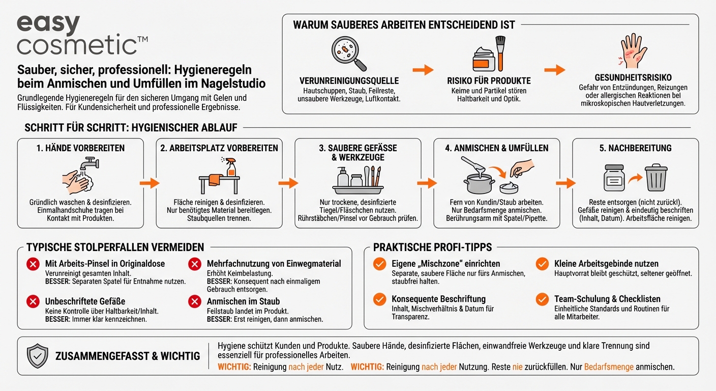 Welche Hygieneregeln gelten für das Anmischen und Umfüllen von Flüssigkeiten oder Gelen im Nagelstudio?
