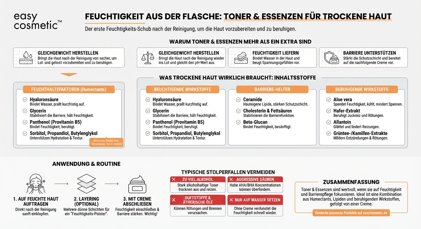 Welche Inhaltsstoffe in Tonern und Essenzen sind für trockene Haut besonders geeignet?