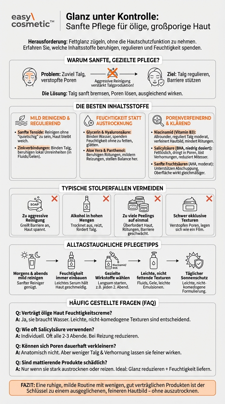 Welche Inhaltsstoffe sind für ölige, großporige Haut geeignet, ohne sie auszutrocknen?