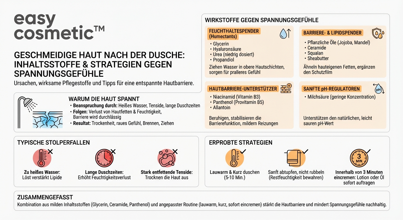Welche Inhaltsstoffe sind in Körperpflegeprodukten sinnvoll, um Spannungsgefühle nach dem Duschen zu reduzieren?