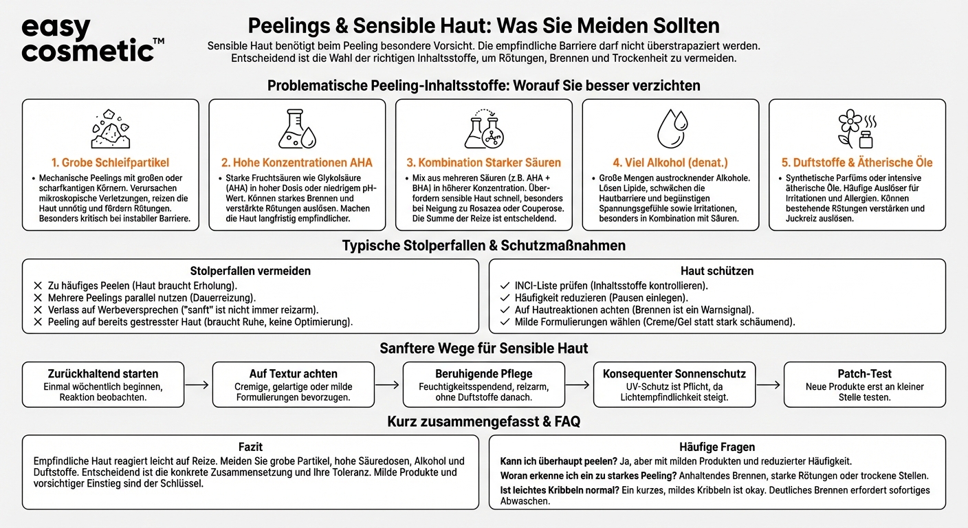 Welche Inhaltsstoffe sollte man bei sensibler oder zu Rötungen neigender Haut im Peeling vermeiden?