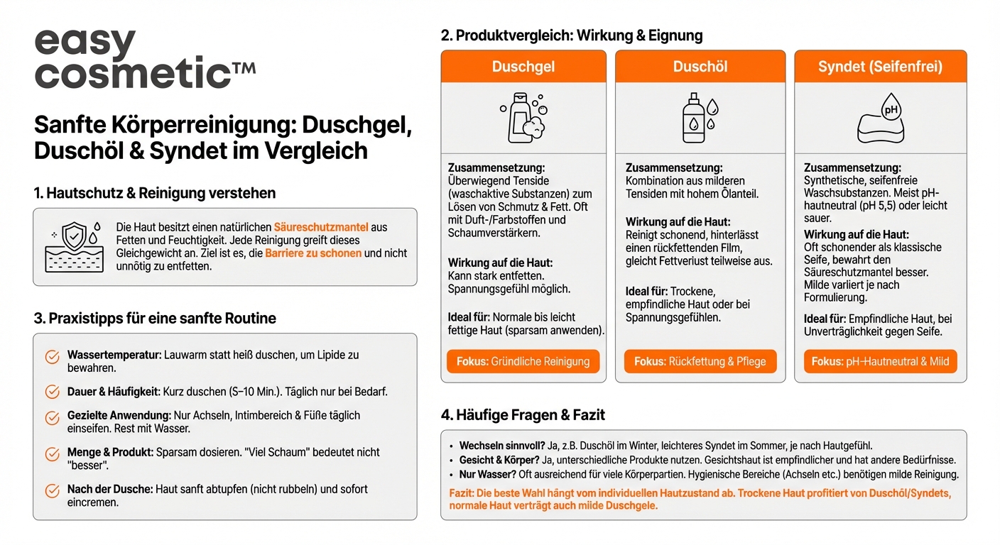 Welche Körperreinigung ist für den täglichen Gebrauch am schonendsten: Duschgel, Duschöl oder seifenfreie Syndets?