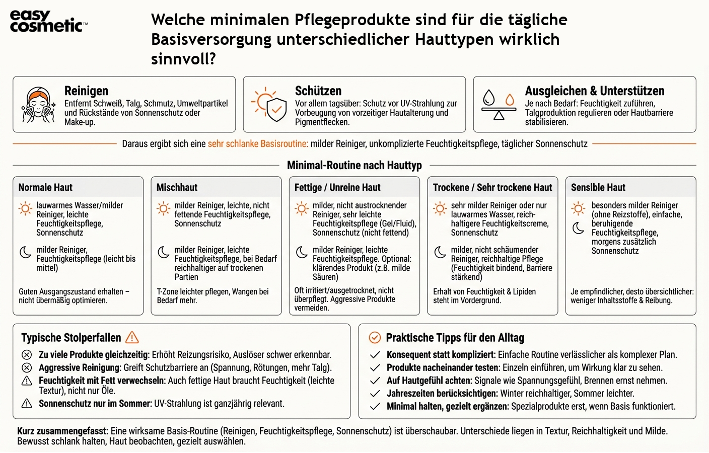 Welche minimalen Pflegeprodukte sind für die tägliche Basisversorgung unterschiedlicher Hauttypen wirklich sinnvoll?