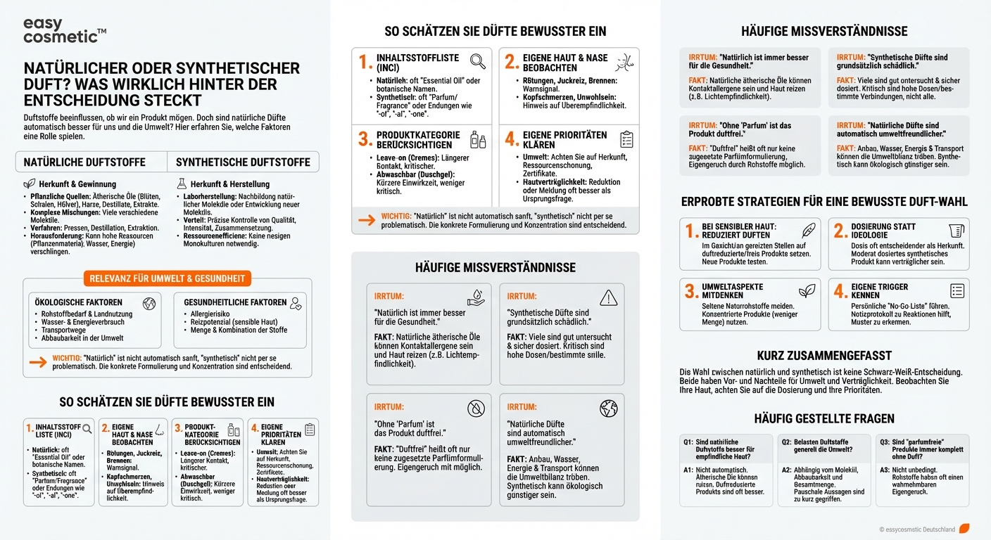 Welche ökologischen oder gesundheitlichen Aspekte spielen bei der Wahl zwischen synthetischen und natürlichen Duftstoffen eine Rolle?