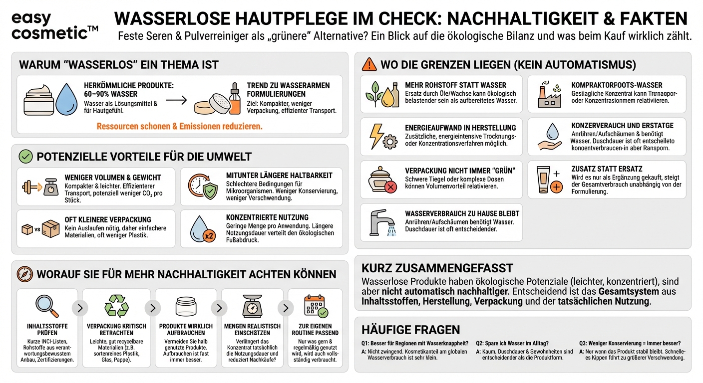 Welche ökologischen Vor- und Nachteile haben wasserlose oder wasserreduzierte Hautpflegeprodukte (z. B. feste Seren, Pulverreiniger) im Vergleich zu klassischen Formulierungen?