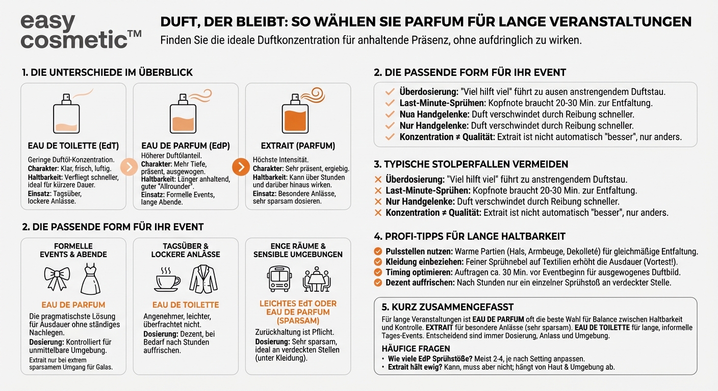 Welche Parfumarten (Eau de Parfum, Eau de Toilette, Extrait) sind für lange Veranstaltungen am geeignetsten?