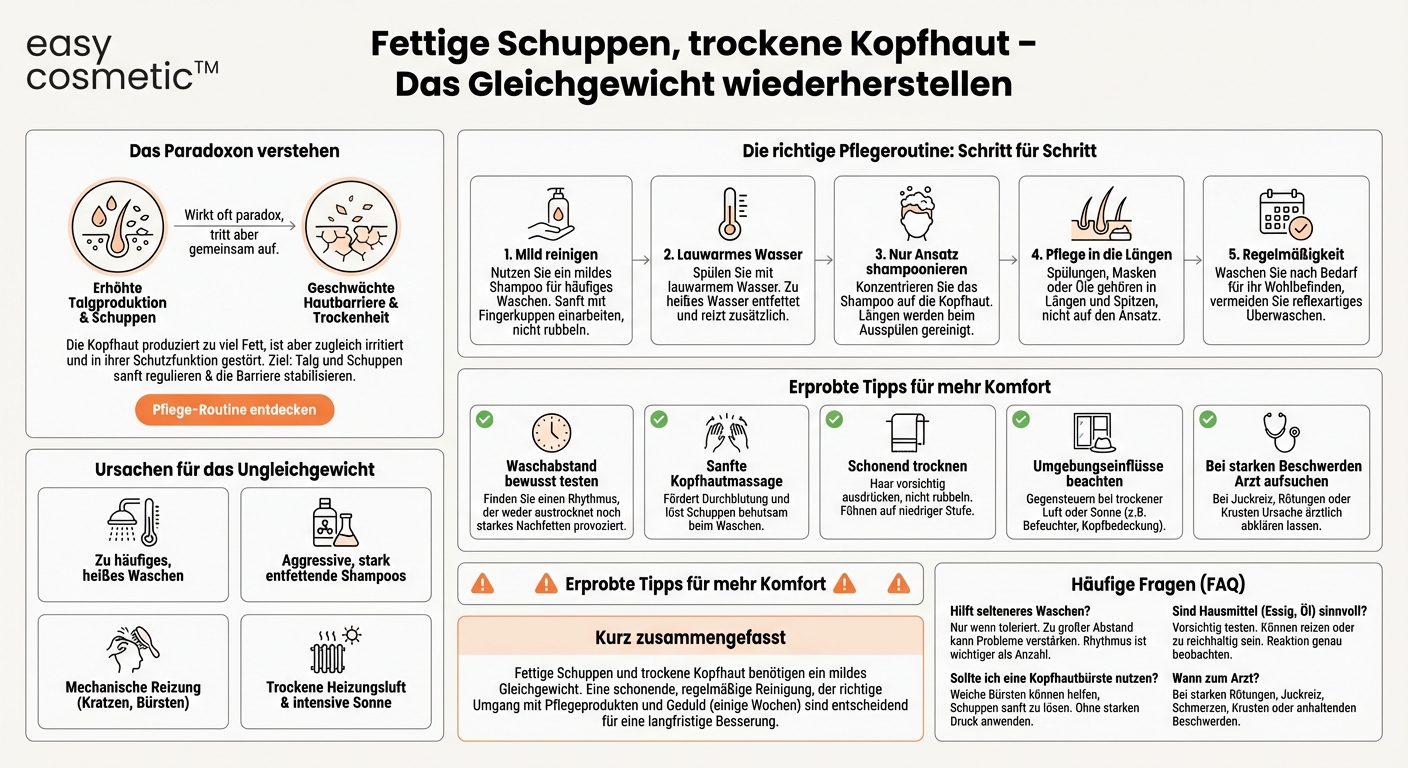 Welche Pflege empfiehlt sich bei Kopfhaut, die zu fettigen Schuppen und gleichzeitig Trockenheitsgefühlen neigt?