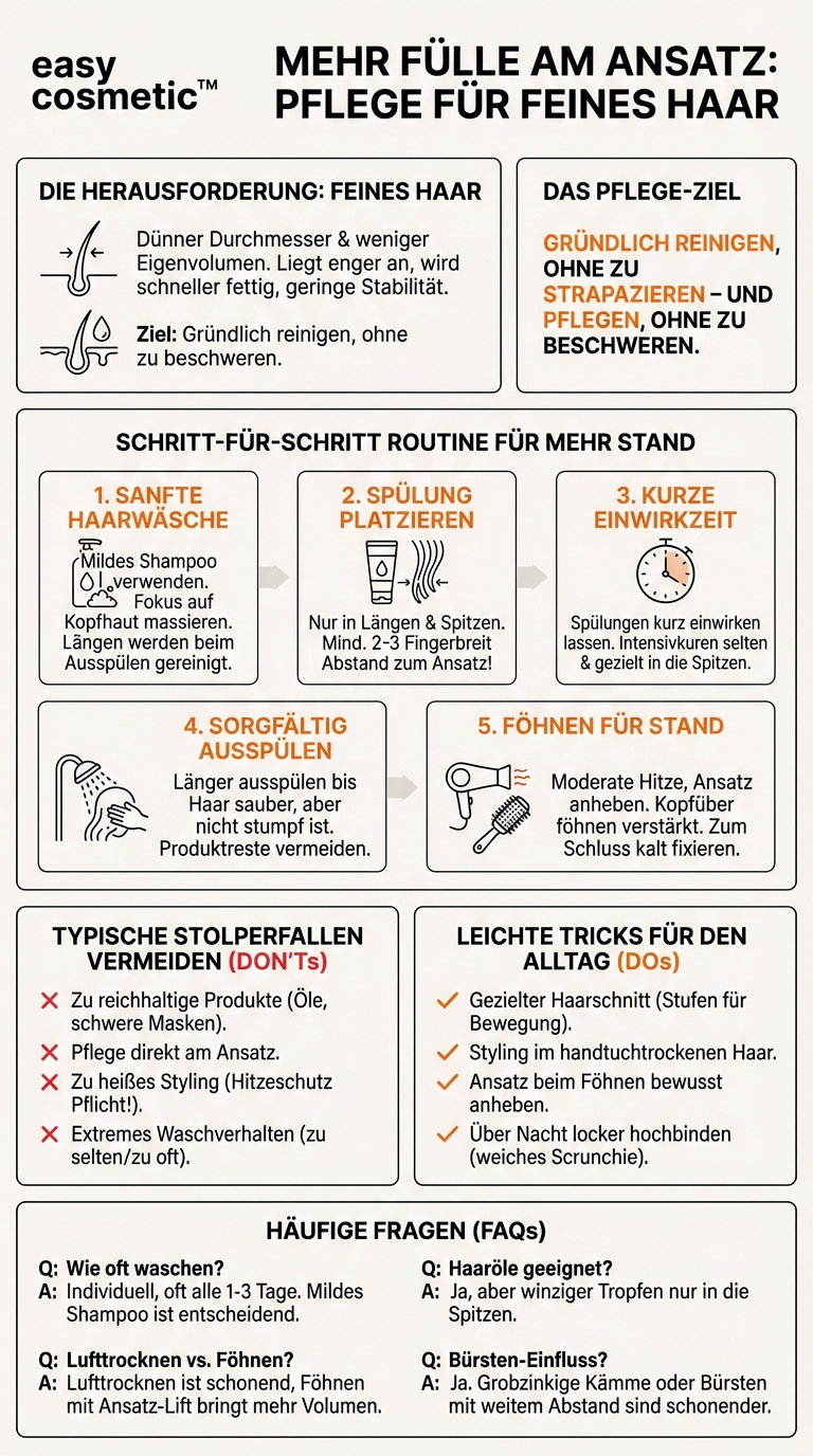 Welche Pflege ist bei feinem Haar sinnvoll, das schnell platt am Ansatz anliegt?