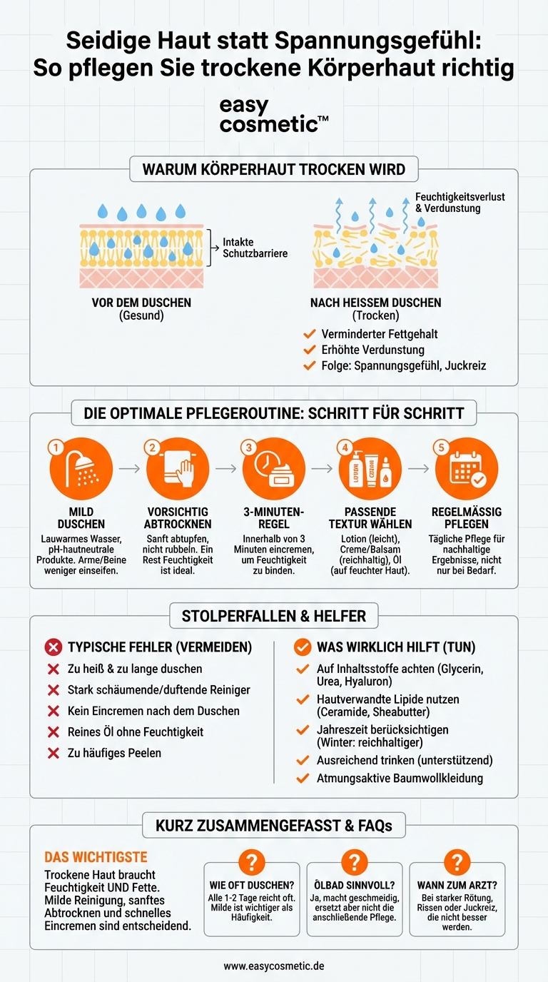 Welche Pflege ist bei trockener Körperhaut sinnvoll (z.B. nach dem Duschen)?