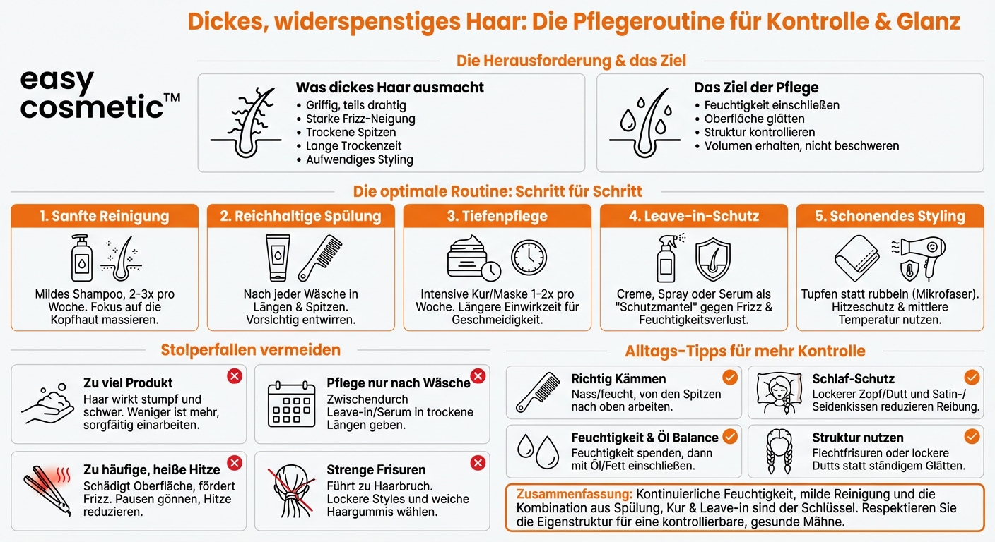 Welche Pflegeroutine ist für sehr dickes, schwer zu bändigendes Haar empfehlenswert?