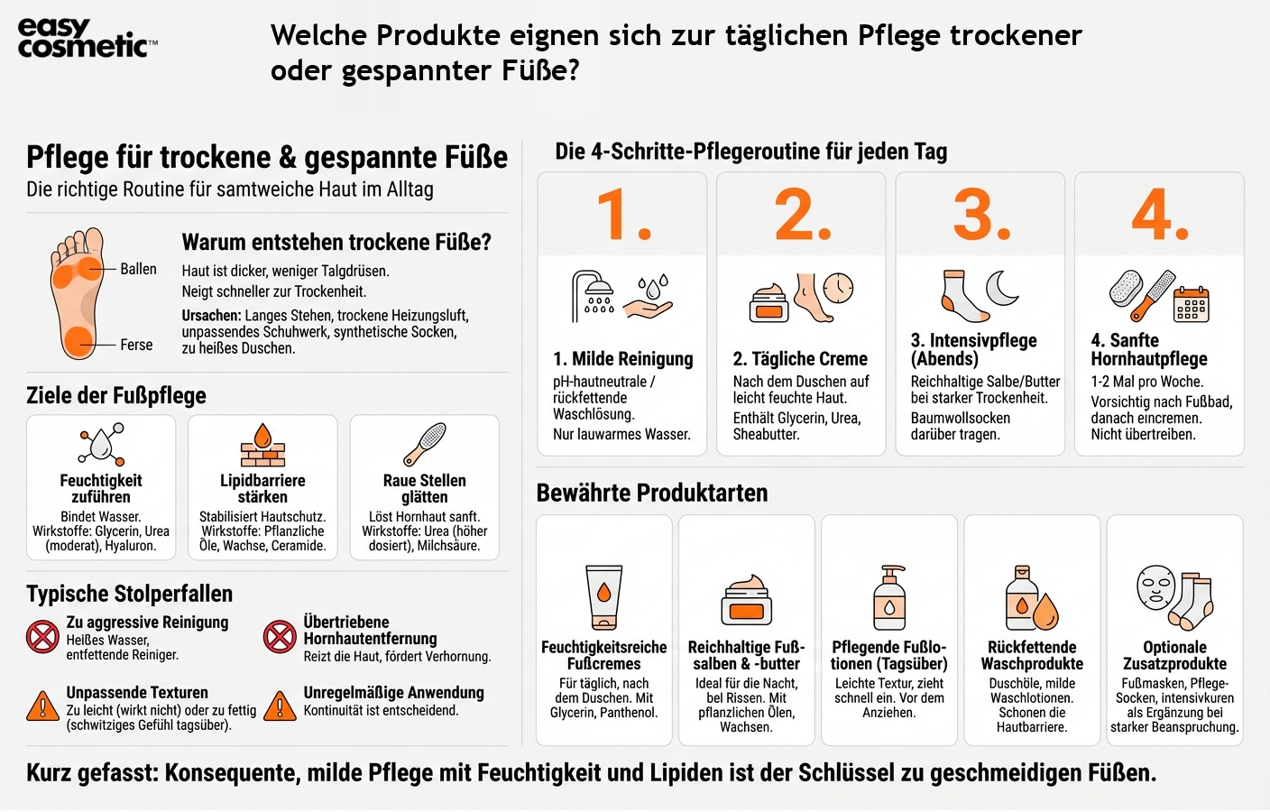 Welche Produkte eignen sich zur täglichen Pflege trockener oder gespannter Füße?