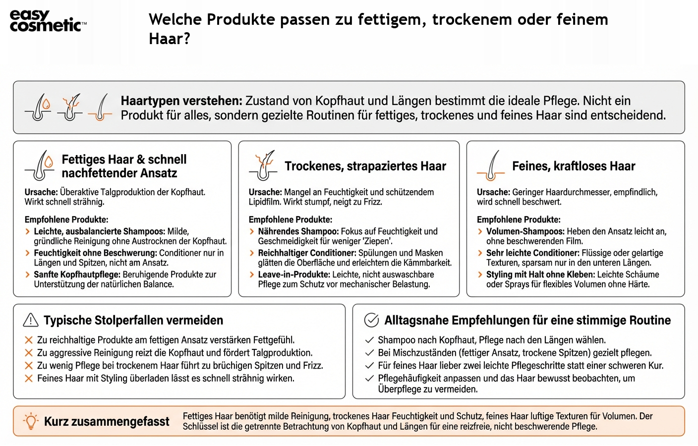 Welche Produkte passen zu fettigem, trockenem oder feinem Haar?