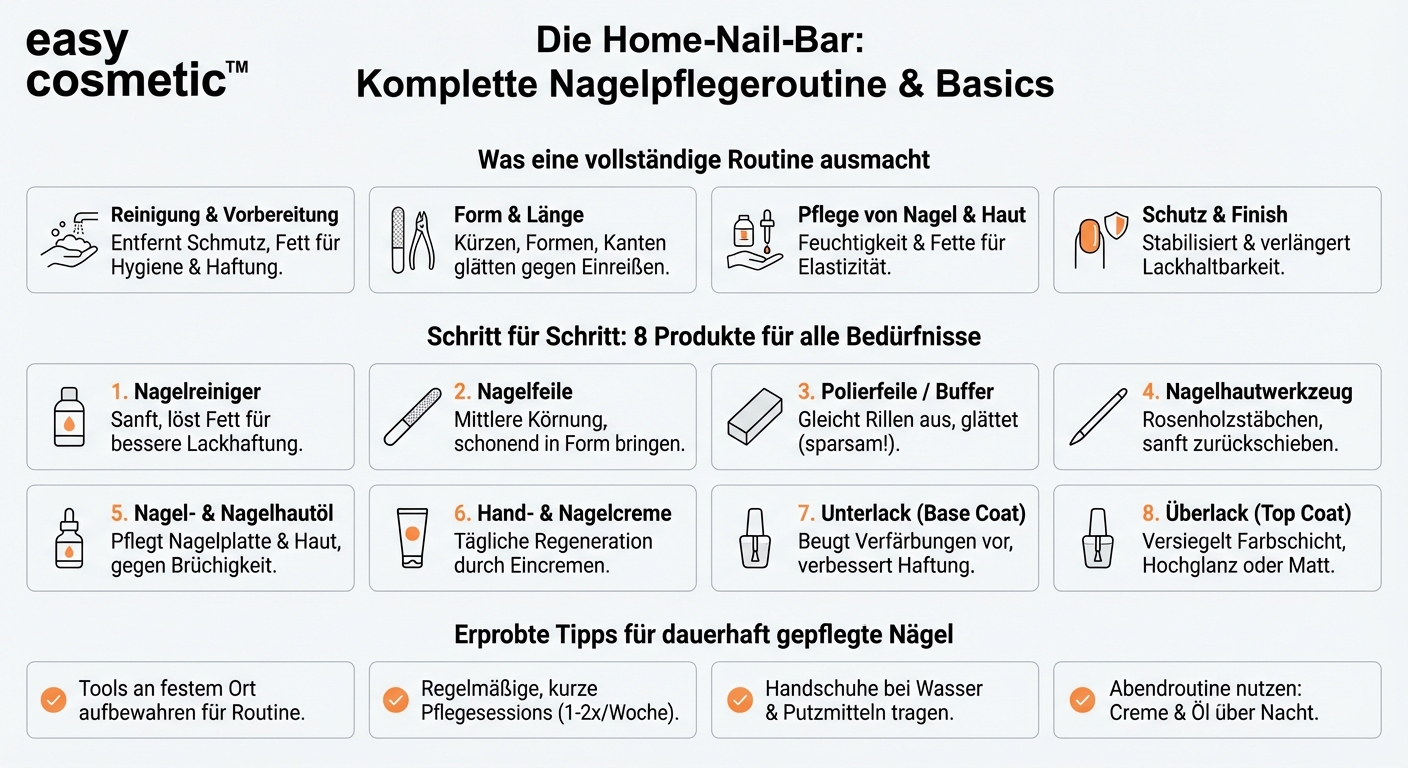 Welche Produkte sollte man bei einer kompletten Nagelpflegeroutine zu Hause auf jeden Fall haben?