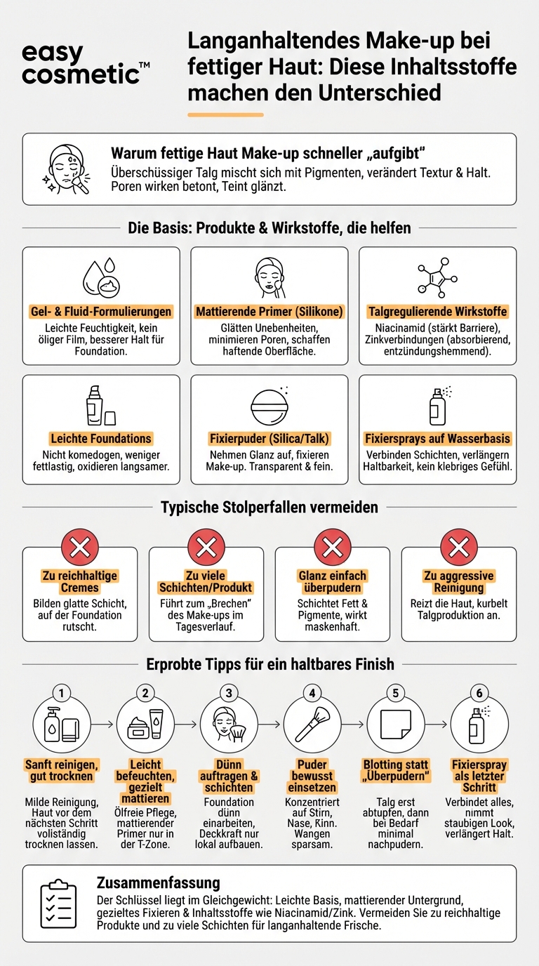 Welche Produkte und Inhaltsstoffe eignen sich besonders für eine gute Make-up-Haltbarkeit bei fettiger Haut?