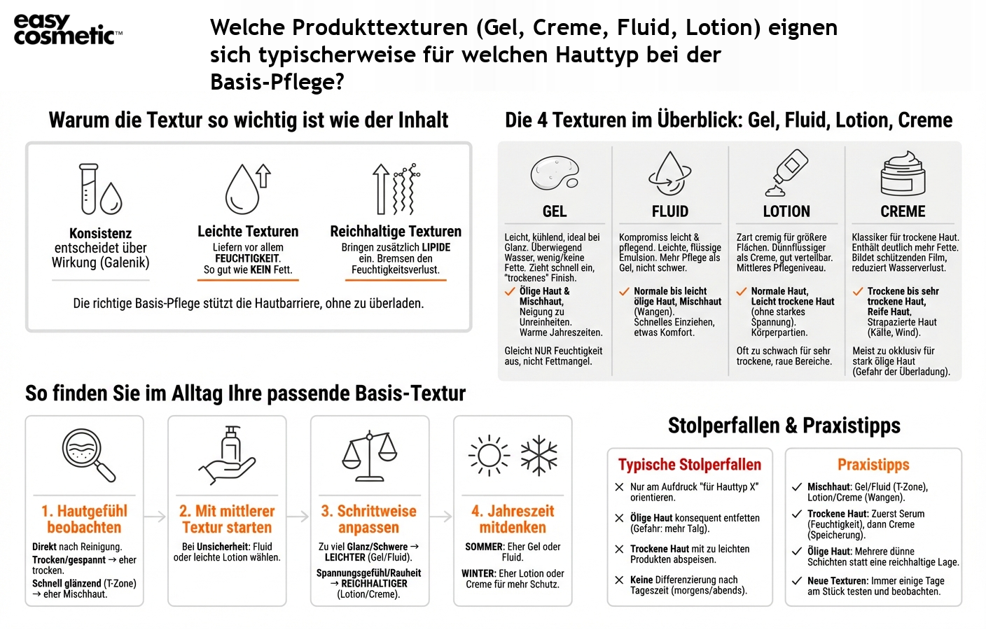Welche Produkttexturen (Gel, Creme, Fluid, Lotion) eignen sich typischerweise für welchen Hauttyp bei der Basis-Pflege?