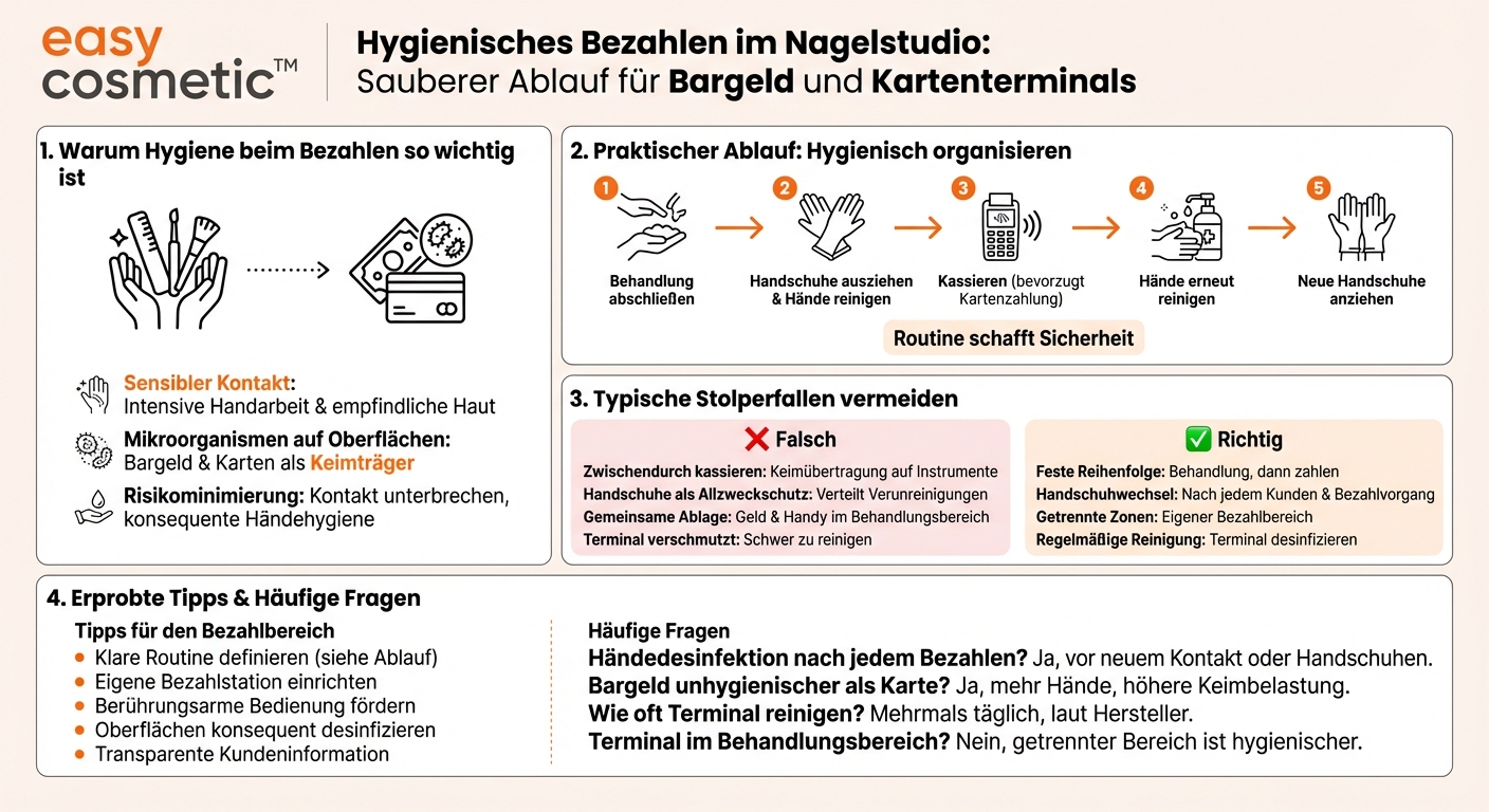 Welche Regeln gelten für den hygienischen Umgang mit Bargeld und Kartenzahlgeräten im Nagelstudio?