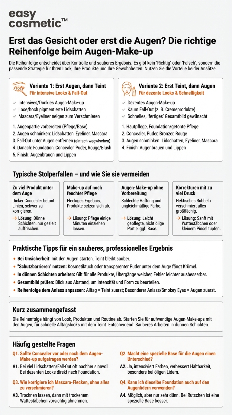 Welche Reihenfolge ist beim Augen-Make-up sinnvoll: zuerst Gesicht oder zuerst Augen?