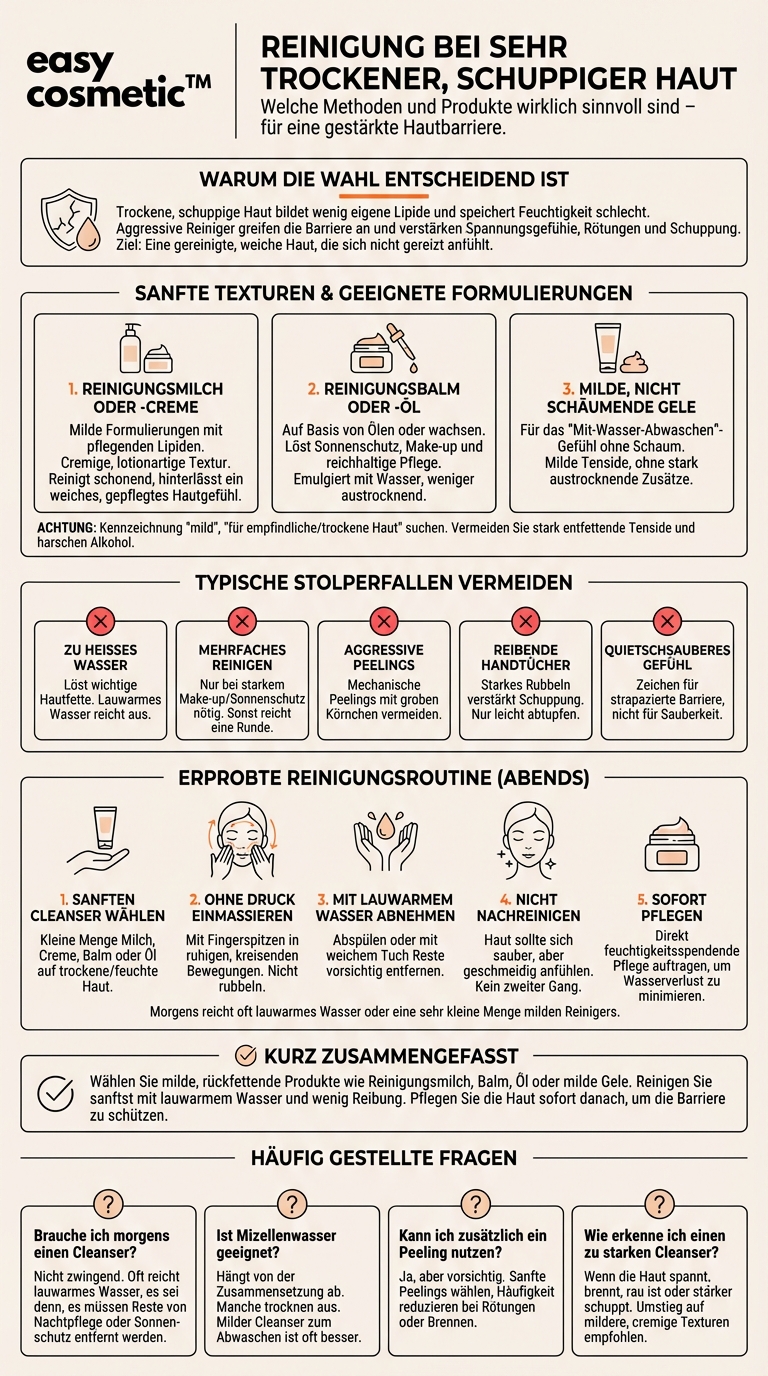 Welche Reinigungsformulierung eignet sich bei sehr trockener, schuppiger Gesichtshaut?
