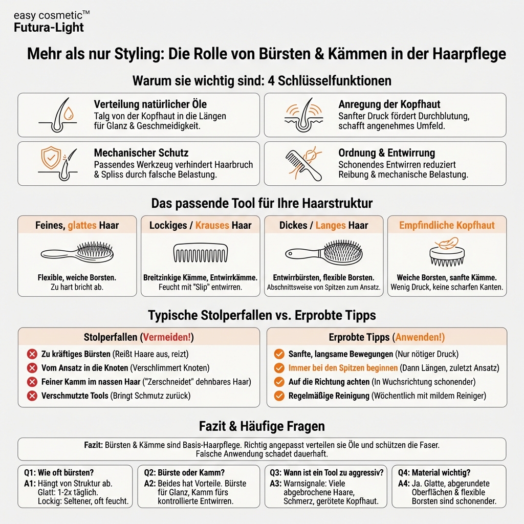 Welche Rolle spielen Bürsten- und Kammtypen in der grundlegenden Haarpflege?