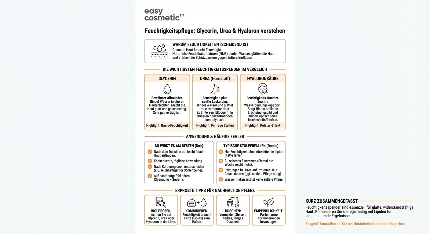 Welche Rolle spielen feuchtigkeitsspendende Wirkstoffe wie Glycerin, Urea oder Hyaluron in der Körperpflege?