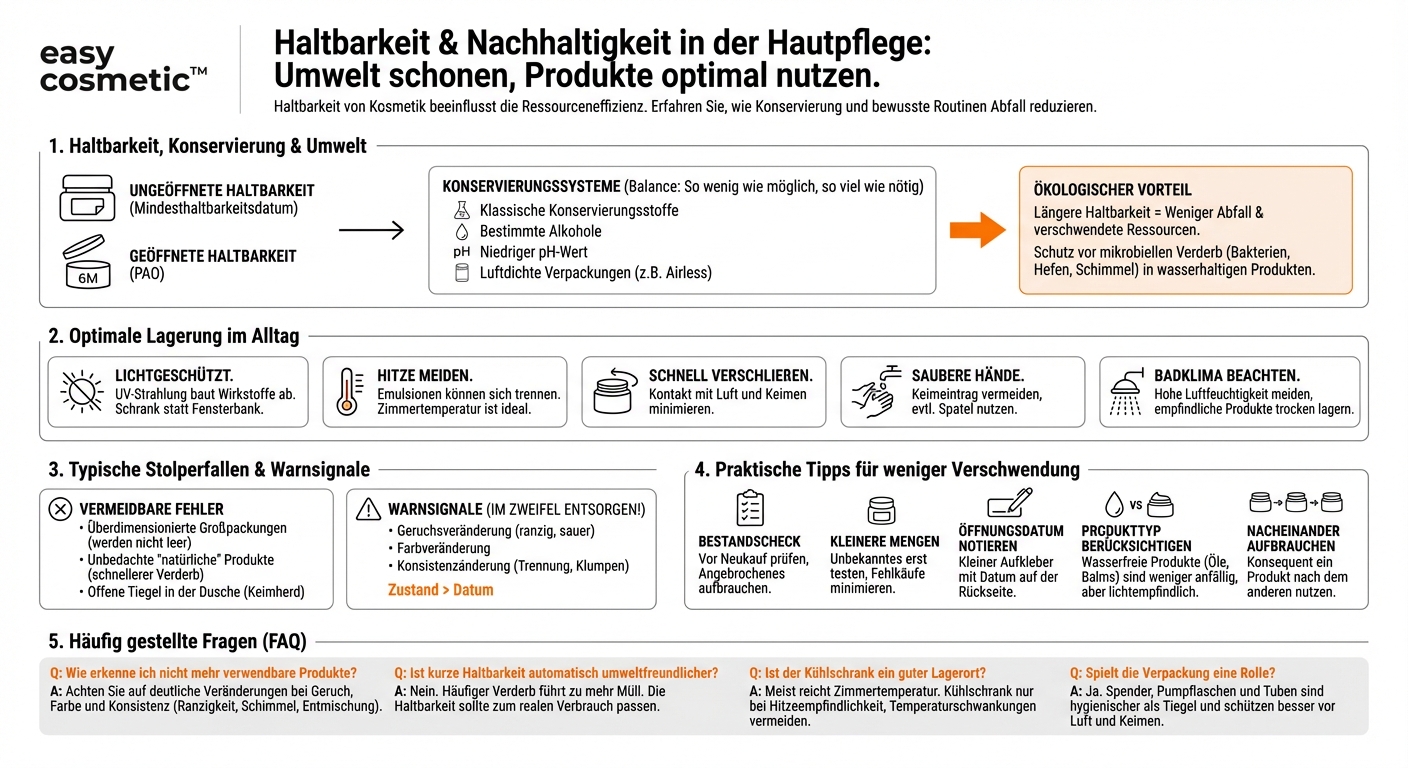 Welche Rolle spielt die Haltbarkeit und Konservierung von Hautpflegeprodukten für deren ökologische Bilanz und wie kann ich Produktverschwendung durch falsche Lagerung vermeiden?