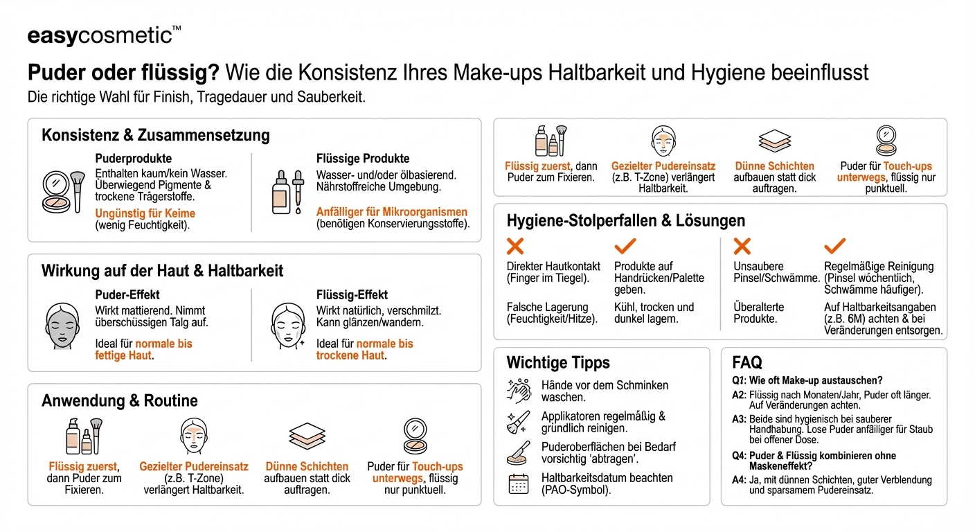 Welche Rolle spielt die Konsistenz (Puder vs. Flüssigprodukte) für Haltbarkeit und Hygiene von Make-up?