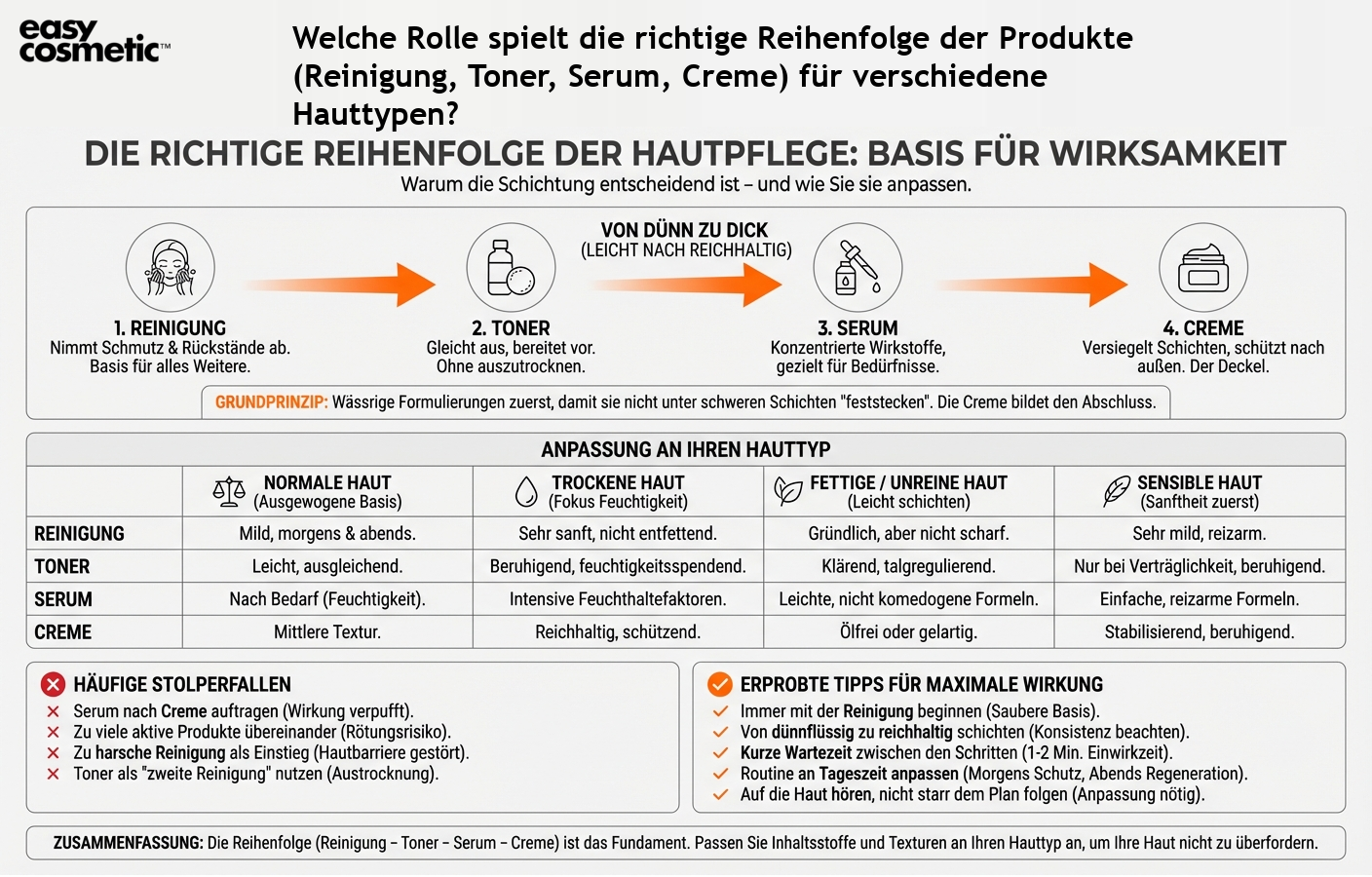 Welche Rolle spielt die richtige Reihenfolge der Produkte (Reinigung, Toner, Serum, Creme) für verschiedene Hauttypen?