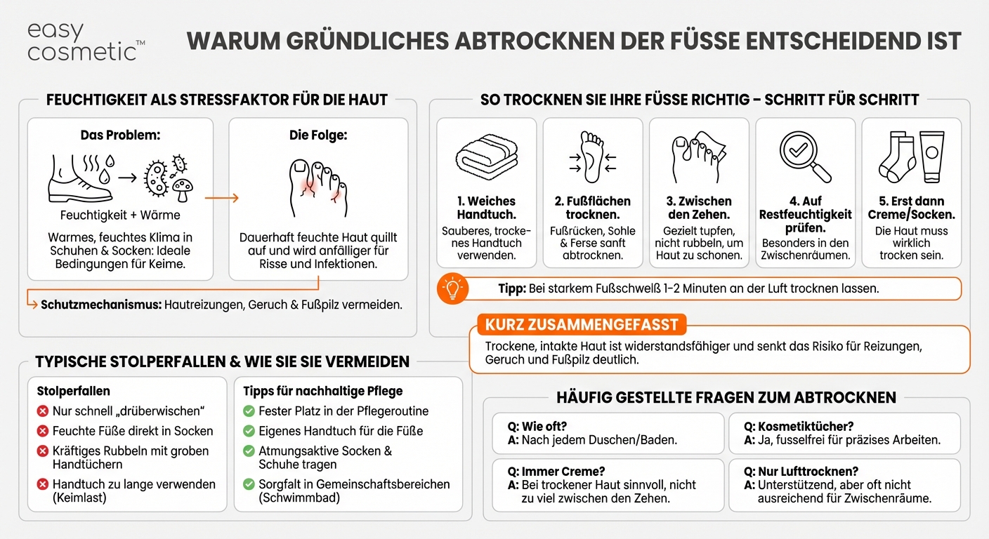 Welche Rolle spielt die richtige Trocknung der Füße, insbesondere zwischen den Zehen, bei der Fußpflege?