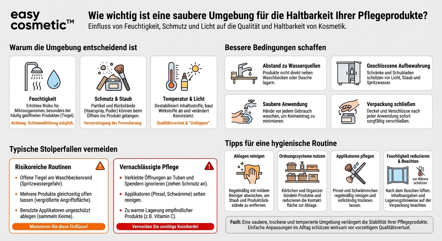 Welche Rolle spielt eine saubere Umgebung (z. B. gereinigte Ablagen, keine direkte Nähe zum Waschbecken) für die Haltbarkeit von Pflegekosmetik?