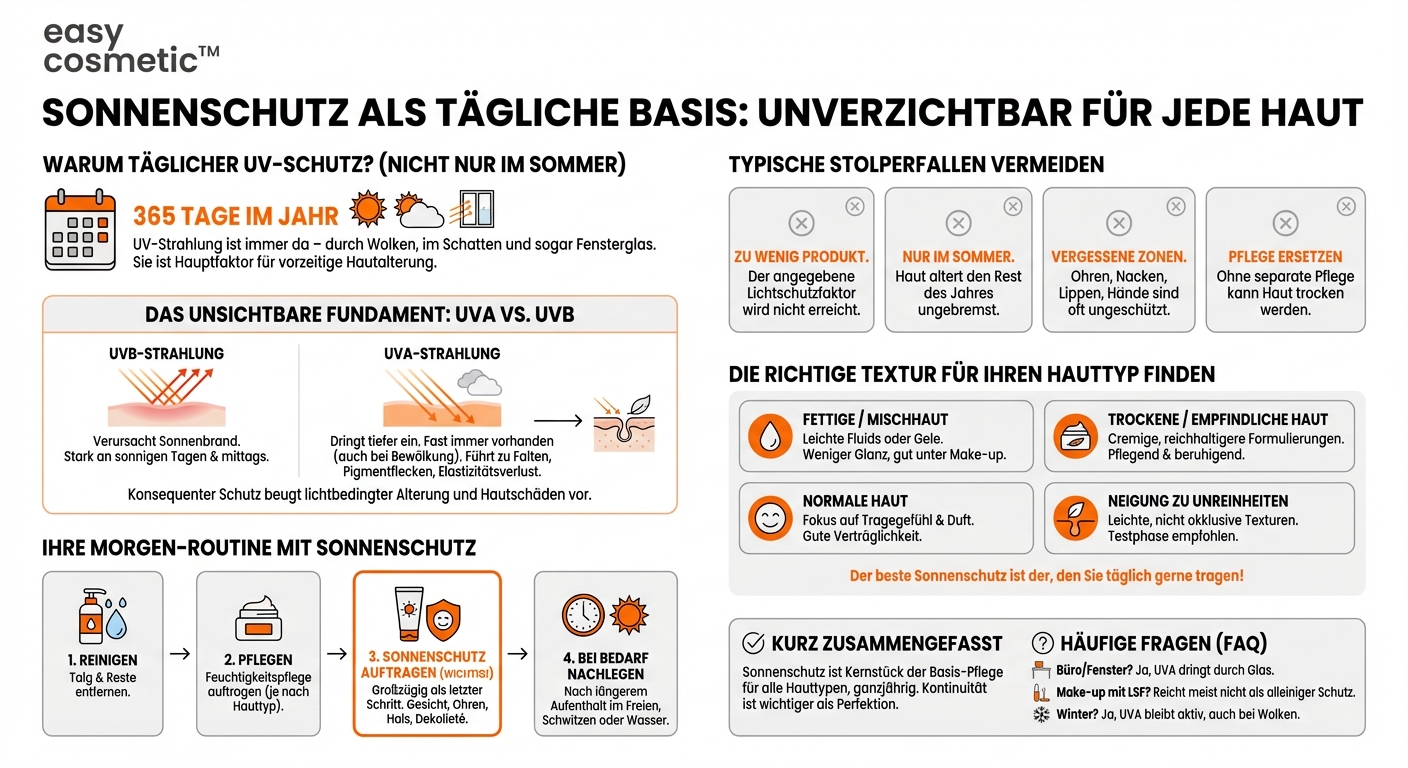 Welche Rolle spielt Sonnenschutz in der Basis-Hautpflege für alle Hauttypen und wie wähle ich die richtige Textur?