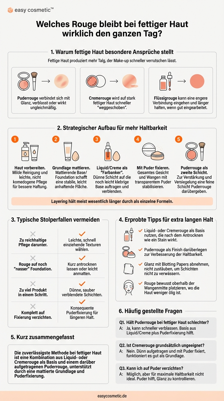 Welche Rouge-Formulierung (Puder, Creme, Liquid) hält bei fettiger Haut am längsten?