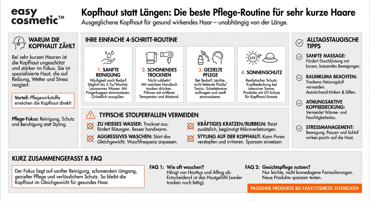 Welche Routine ist für sehr kurze Haare sinnvoll, wenn die Kopfhaut im Fokus der Pflege steht?