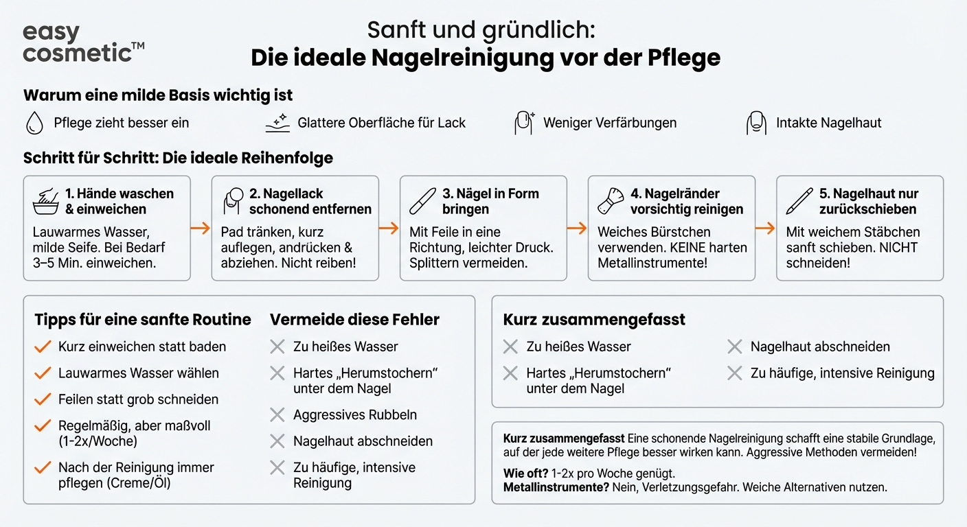 Welche Schritte gehören zu einer schonenden Nagelreinigung vor der Pflege?