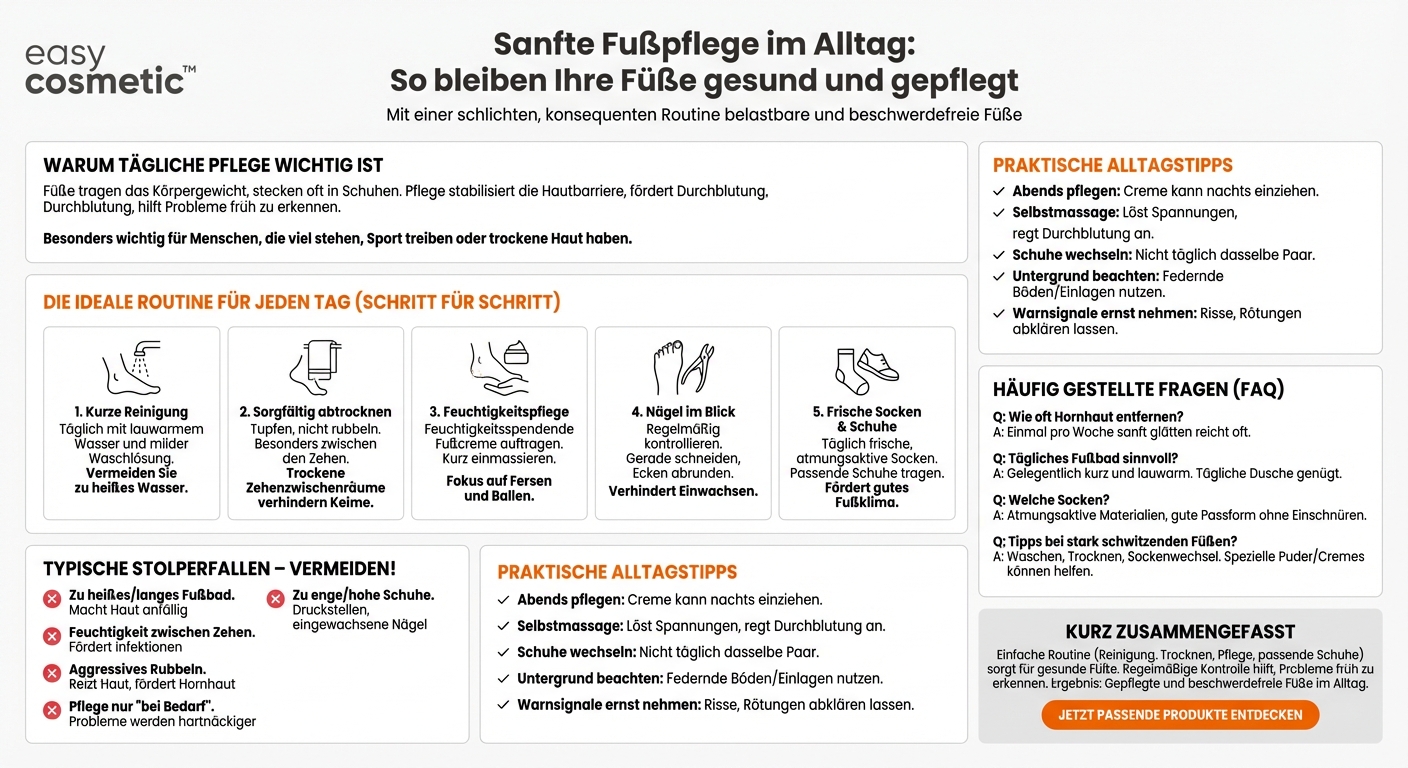 Welche tägliche Pflegeroutine wird für gesunde Füße empfohlen?