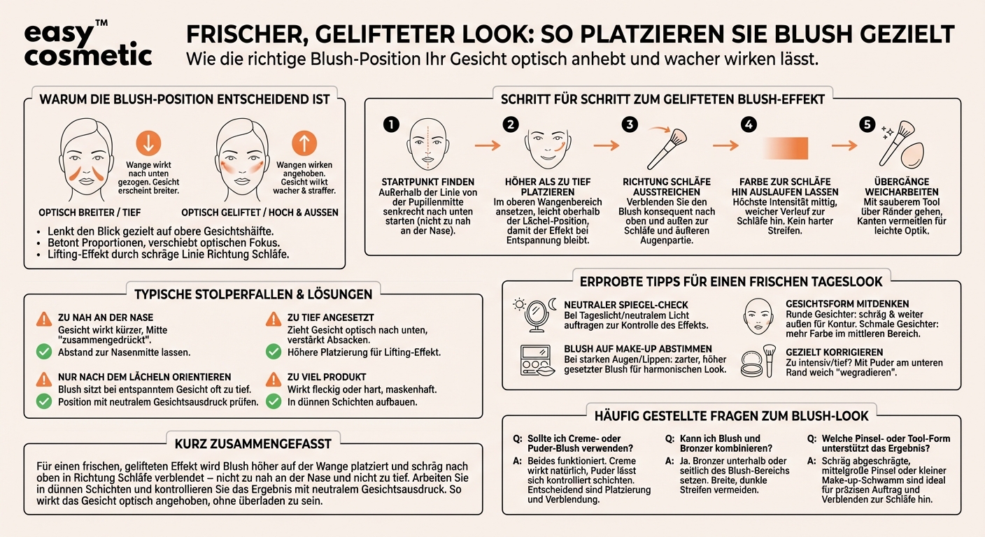 Welche Technik eignet sich, um Blush so zu platzieren, dass das Gesicht frischer und gelifteter wirkt?