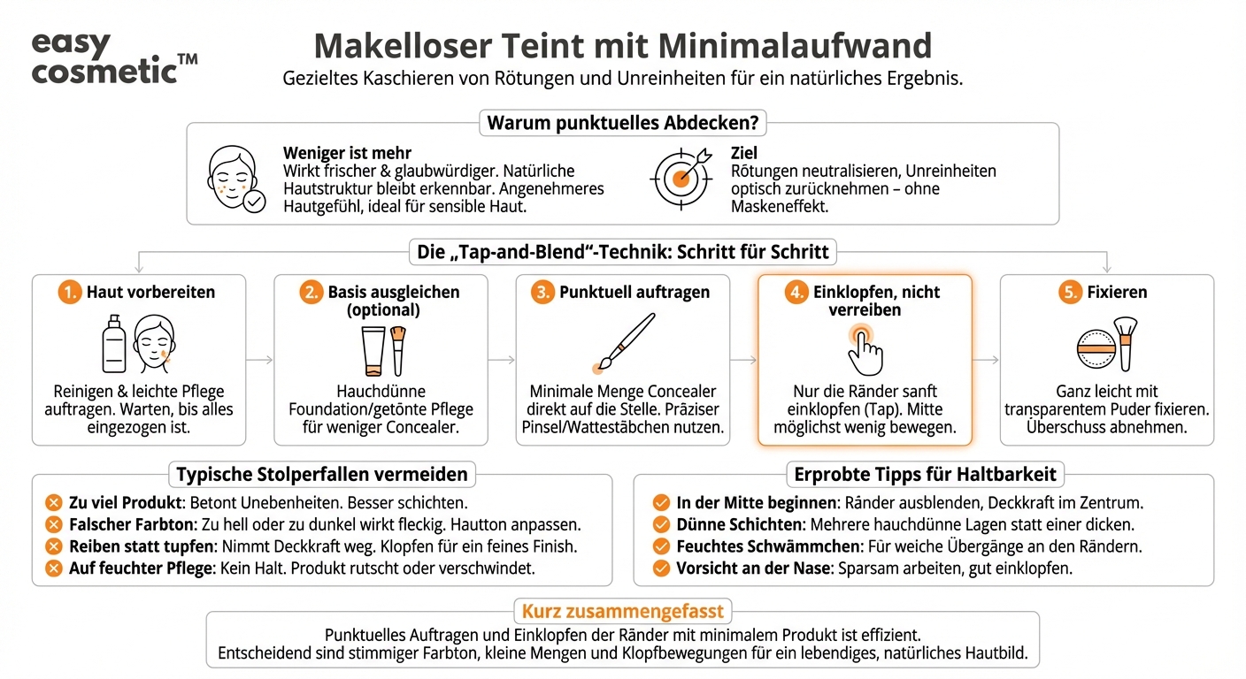 Welche Technik eignet sich, um Rötungen und Unreinheiten gezielt zu kaschieren, ohne viel Produkt zu verwenden?
