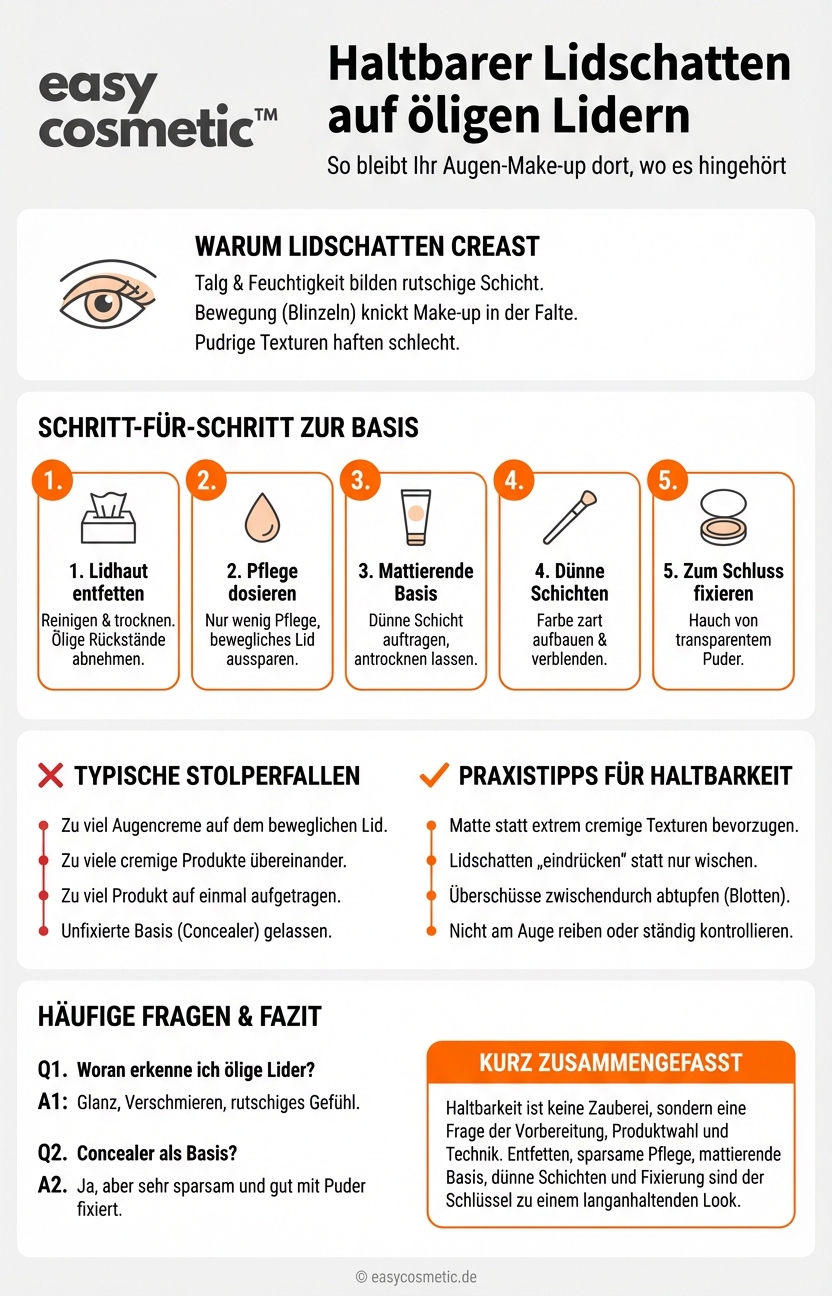 Welche Techniken helfen, dass sich Lidschatten auf öligen Lidern nicht in die Lidfalte absetzt?