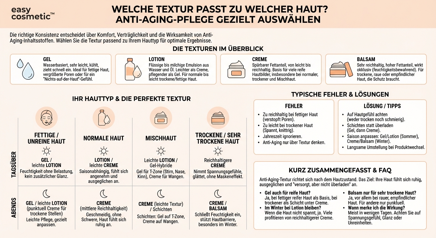 Welche Texturen (Gel, Lotion, Creme, Balsam) sind im Anti-Aging-Bereich für welche Hauttypen ideal?
