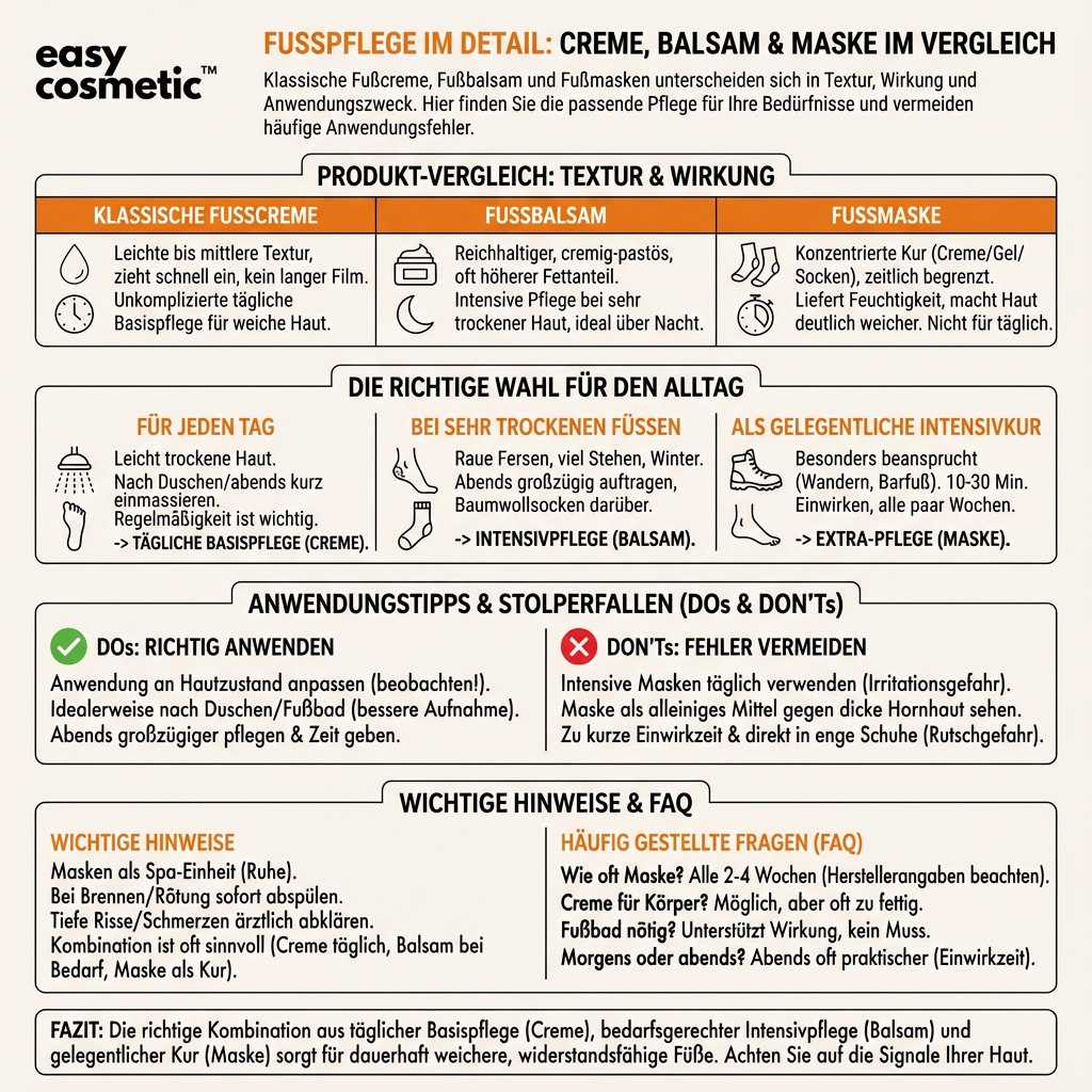 Welche Unterschiede gibt es zwischen klassischen Fußcremes, Fußbalsam und Fußmasken?