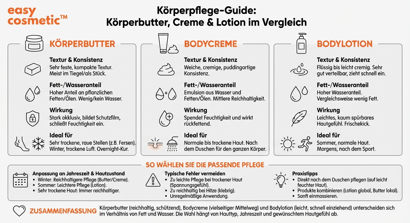 Welche Unterschiede gibt es zwischen Körperbutter, Bodycreme und Bodylotion in der Anwendung und Pflegewirkung?