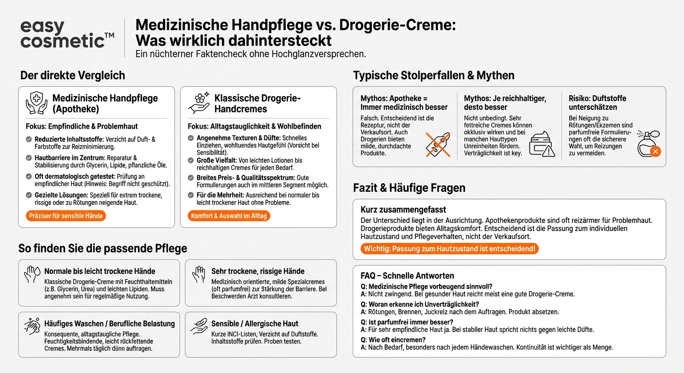 Welche Unterschiede gibt es zwischen medizinischer Handpflege aus der Apotheke und Drogerieprodukten?